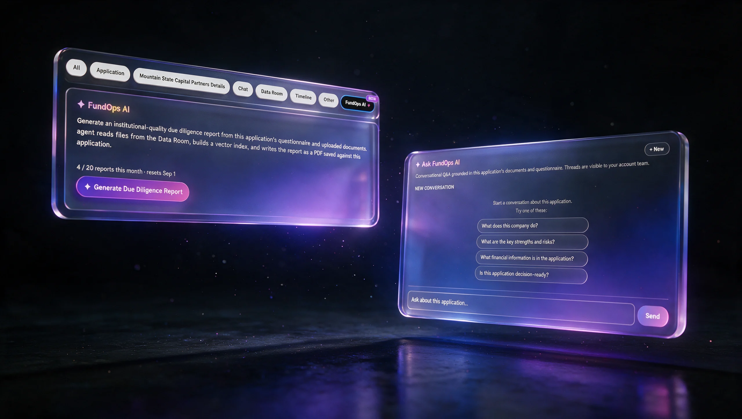 FundOps AI copilot — generate due diligence reports and ask grounded questions, staged as glass panels
