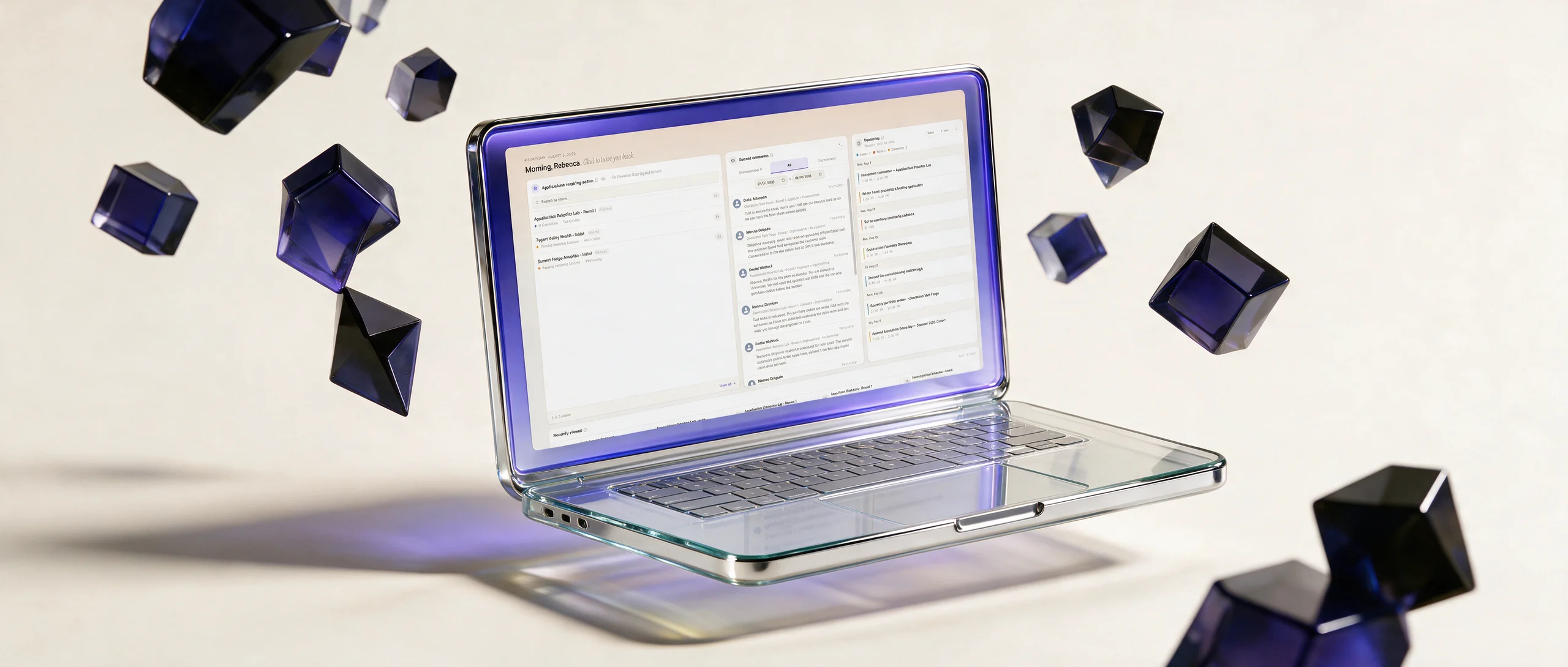 FundOps dashboard on a glass laptop among floating crystal cubes