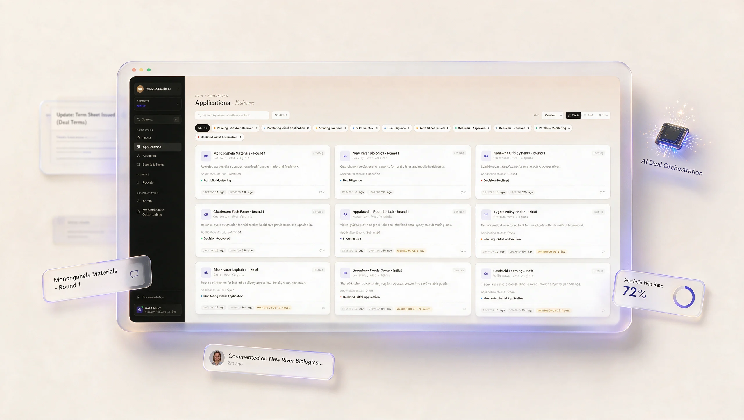 FundOps applications pipeline — real product staged in the FundOps brand environment