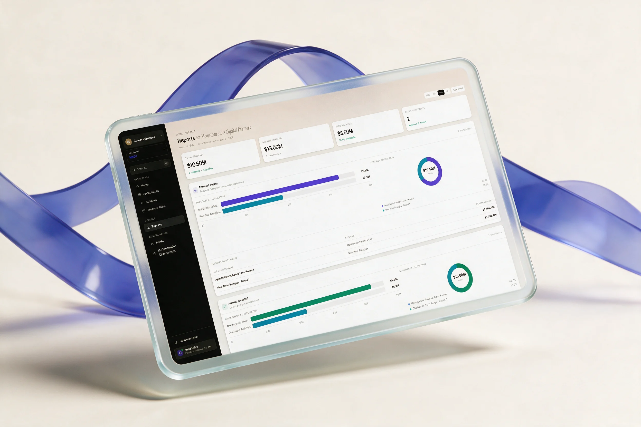 FundOps fund reporting — real KPIs and charts staged on a glass tablet
