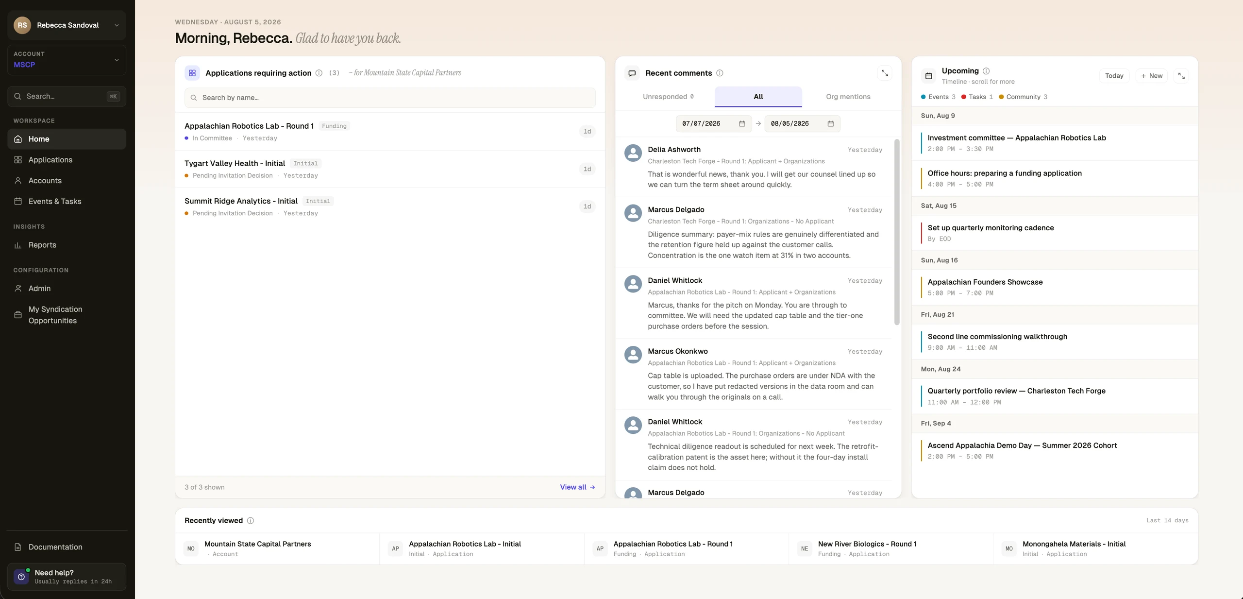 FundOps dashboard — applications requiring action, recent comments, and upcoming events